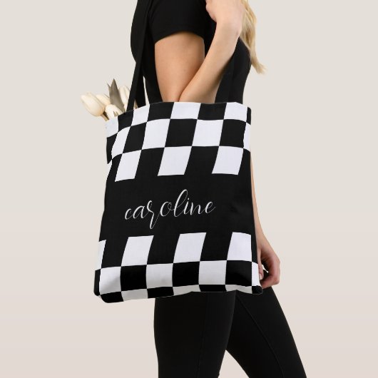 Zwart en wit Minimalistisch Monogram Gecontroleerd Tote Bag (Dichtbij)