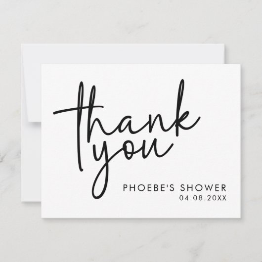 Zwart en Wit Minimalistisch Script Bruidsdouche Pl Bedankkaart (Voorkant)