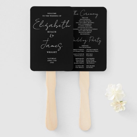 Zwart en wit minimalistisch script huwelijksprogra handwaaier (Voorkant en achterkant)