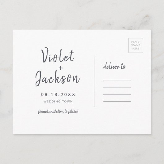 Zwart en wit minimalistisch script slaat de datum  aankondigingskaart (Achterkant)