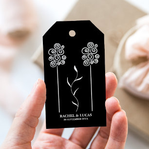 Zwart en Wit Minimalistische Krullende Bloemen Cadeaulabel