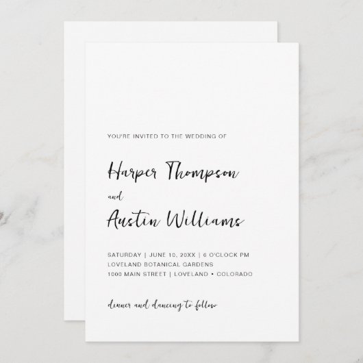 Zwart en wit, modern, eenvoudig script bruiloft kaart (Voorkant / Achterkant)