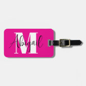 Zwart en wit modern monogram hete roze bagagelabel (Voorkant horizontaal)