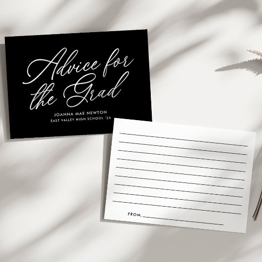 Zwart en wit modern script afstuderen advieskaart