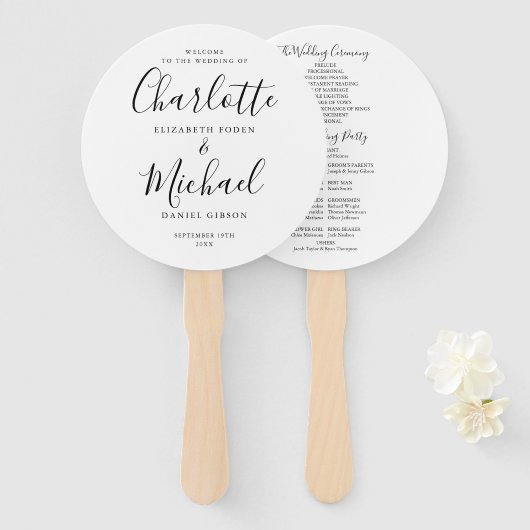 Zwart en wit modern script huwelijksprogramma handwaaier (Voorkant en achterkant)