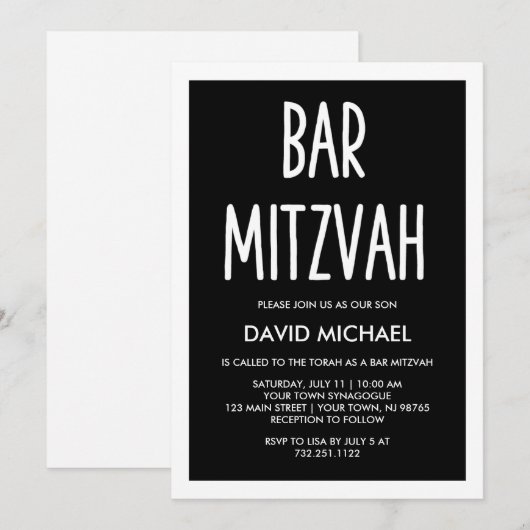 Zwart en wit | Modern Typografibar Mitzvah Kaart (Voorkant / Achterkant)