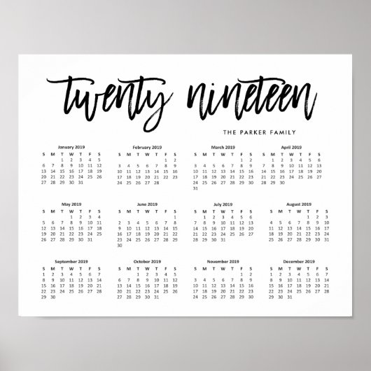 Zwart en Wit Moderne Typografie 2019 Agenda Poster (Voorkant)