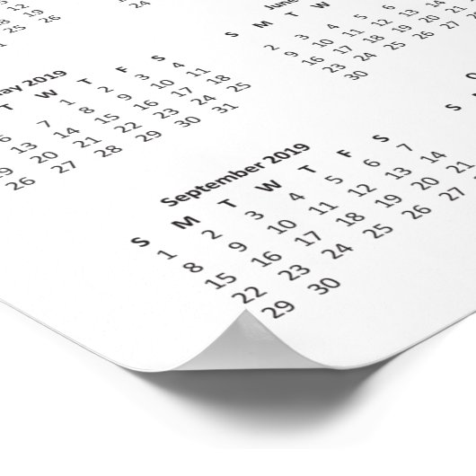 Zwart en wit moderne typografie 2019 kalender poster (Hoek)