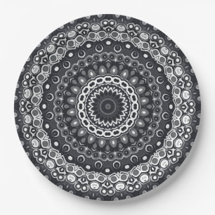 Zwart en Wit Monochroom Mandala Patroon Papieren Bordje