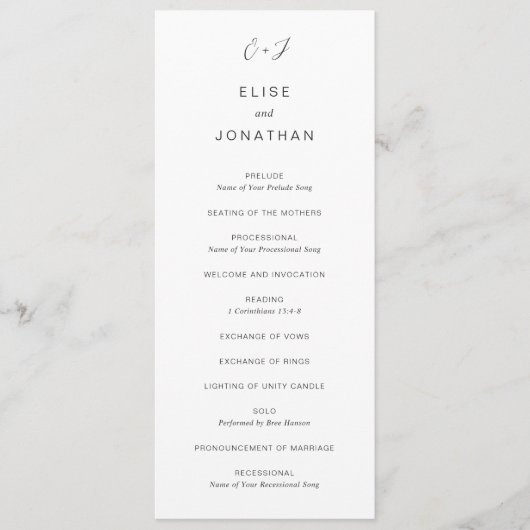 Zwart en Wit Monogram Elegant Huwelijk Programmakaart (Voorkant)