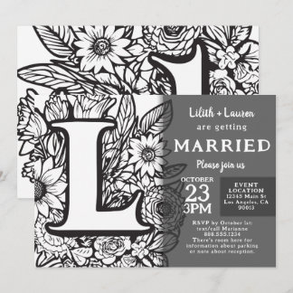 Zwart en Wit Monogram L Tattoo Bloemen Bruiloft Kaart