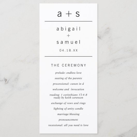 Zwart en Wit Monogram Modern Minimalistisch Huweli Programmakaart (Voorkant)