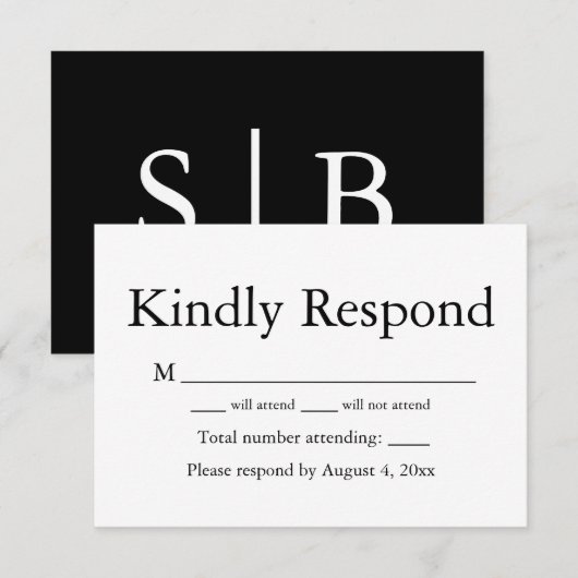 Zwart en Wit Monogram Reactie RSVP Kaart (Voorkant / Achterkant)