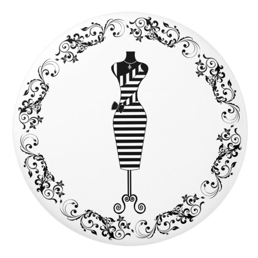 Zwart en wit naaikamer rompjurk paspop Cera Keramische Knop (Voorkant)