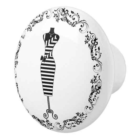 Zwart en wit naaikamer rompjurk paspop Cera Keramische Knop (Rechts)