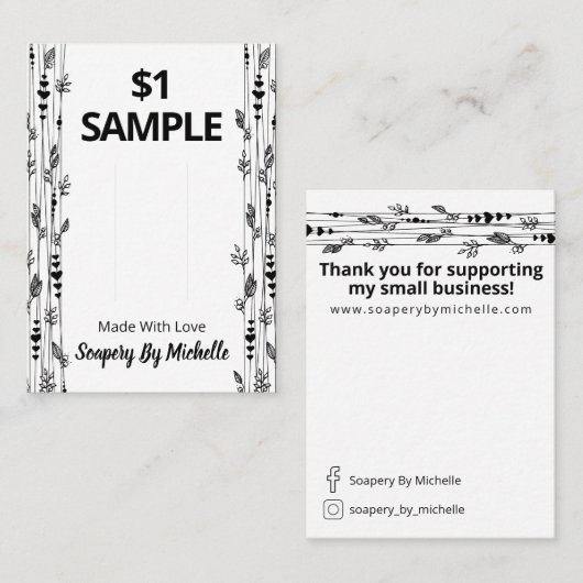 Zwart en wit natuurzeep monster displaykaart visitekaartje (Voorkant / Achterkant)