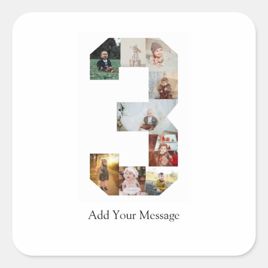 Zwart en Wit Nummer 3 Foto Collage Vierkante Sticker (Voorkant)