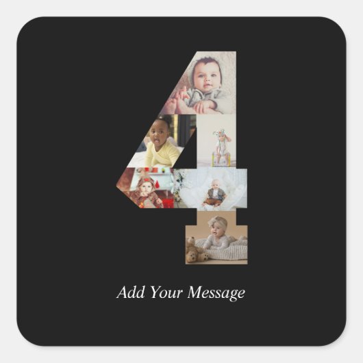 Zwart en Wit Nummer 4 Foto Collage Vierkante Sticker (Voorkant)