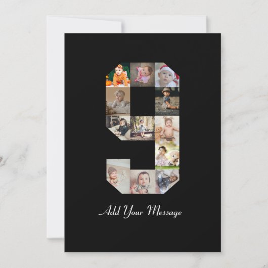 Zwart en Wit Nummer 9 Foto Collage Aankondiging (Voorkant)