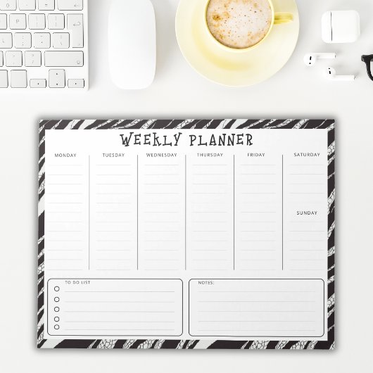 Zwart en Wit Ongedateerde Verticale Weekplanner Notitieblok