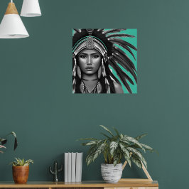 Zwart en wit op Blauwgroen indianen Poster