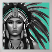 Zwart en wit op Blauwgroen indianen Poster (Voorkant)