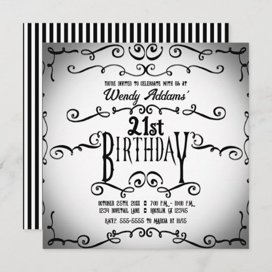 Zwart en wit  ornamentale gotische verjaardag kaart (Voorkant / Achterkant)