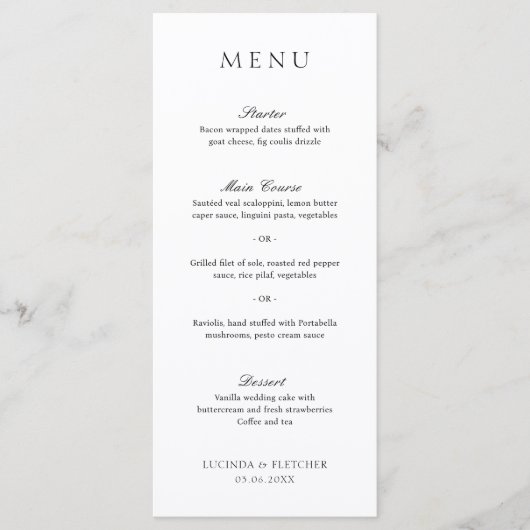 Zwart en wit oude geld elegante trouwdag menu (Voorkant)