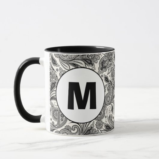 Zwart en wit paisley monogram mok (Links)
