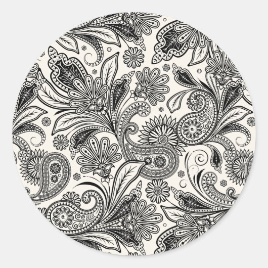 Zwart en wit paisley ronde sticker (Voorkant)