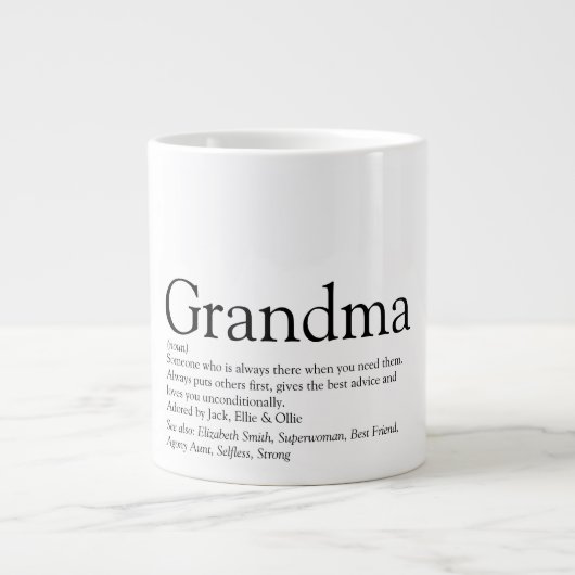 Zwart en Wit Plezier Oma Oma Definitie Grote Koffiekop (Voorkant)