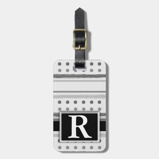 Zwart en wit Polka Dot Stripe Modern Monogram Bagagelabel (Voorkant verticaal)