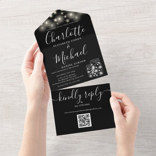 Zwart en wit QR Code Mason Jars Lights Weddenschap All In One Uitnodiging (Afscheurbaar)