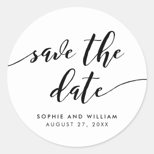 Zwart en Wit Relax Script Bewaar de Datum Ronde Sticker (Voorkant)