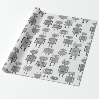 Zwart en Wit Retro Robots Inpakpapier