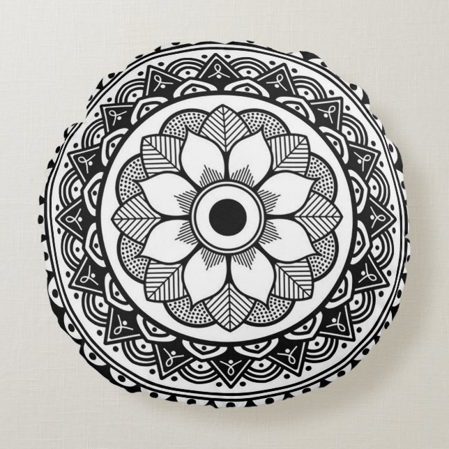 Zwart en wit rond medaillon sierkussen kussen (Voorkant)