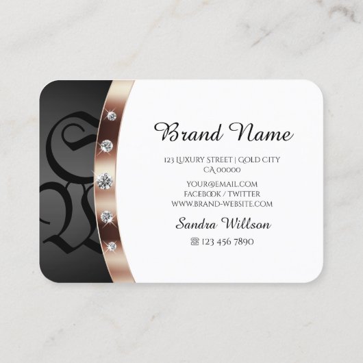 Zwart en wit Roos gouden monogram diamanten Visitekaartje (Achterkant)