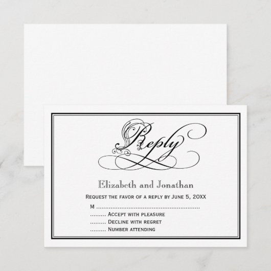 Zwart en wit royaal script huwelijksreactiekaart kaart (Voorkant / Achterkant)