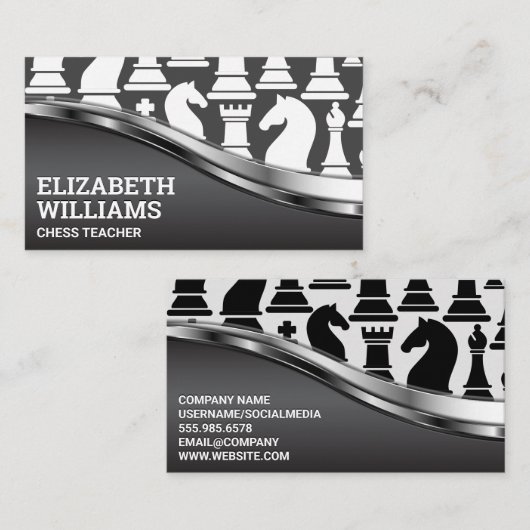 Zwart en Wit Schakenstukken | Metaalglans Visitekaartje (Voorkant / Achterkant)