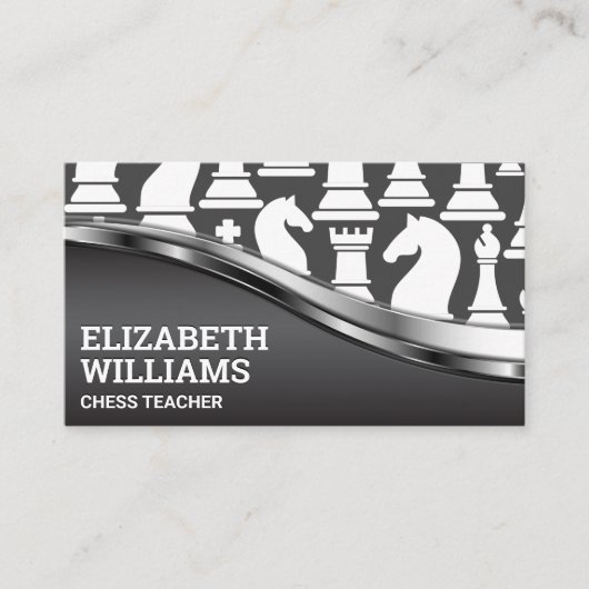 Zwart en Wit Schakenstukken | Metaalglans Visitekaartje (Voorkant)