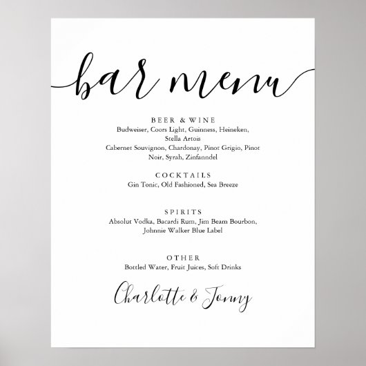 Zwart en wit script barmenu bord met handtekenings poster (Voorkant)