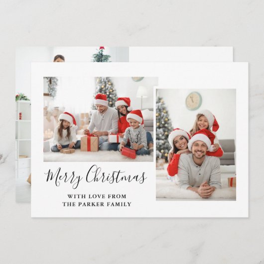 Zwart en wit script drie foto's met pretkerst feestdagenkaart (Voorkant / Achterkant)