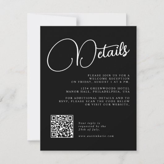 Zwart en Wit Script Huwelijksdetails RSVP Kaart (Voorkant)