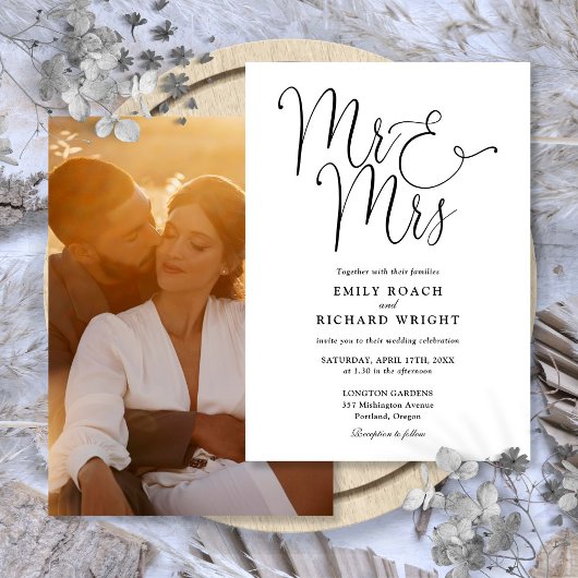 Zwart en wit script Mr en Mrs foto bruiloft Kaart