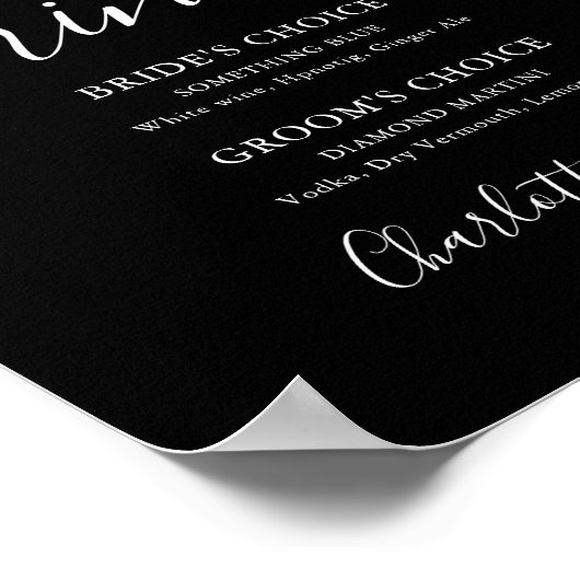Zwart En Wit Script Signature Dranken Bord Poster (Hoek)