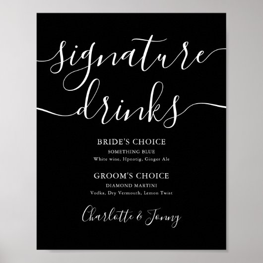 Zwart En Wit Script Signature Dranken Bord Poster (Voorkant)