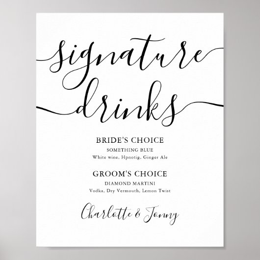 Zwart En Wit Script Signature Dranken Bord Poster (Voorkant)