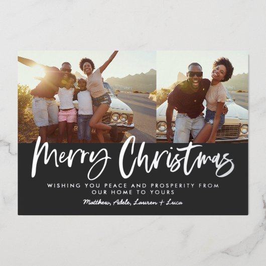 Zwart en wit script, smakelijk kerstfeest multi-fo folie feestdagenkaart (Voorkant)