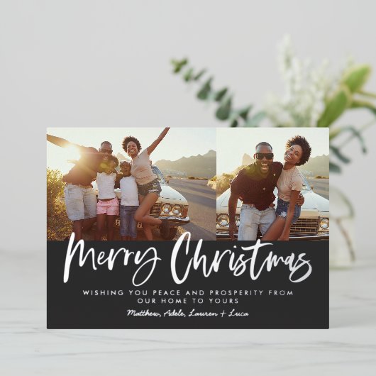 Zwart en wit script, smakelijk kerstfeest multi-fo folie feestdagenkaart (Staand Voorkant)