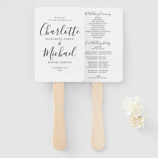 Zwart en wit Signature Script Huwelijksprogramma Handwaaier (Voorkant en achterkant)